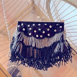 VINTAGE Black Fringe Clutch with Silver Chain